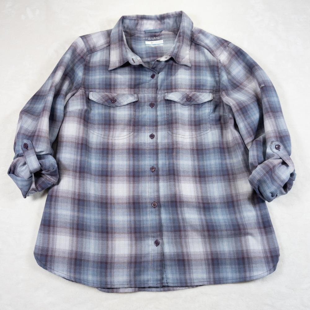 Columbia Omni Shade Plaid Shirt Womens L Purple Soft Lightweight Button Up - Picture 2 of 11